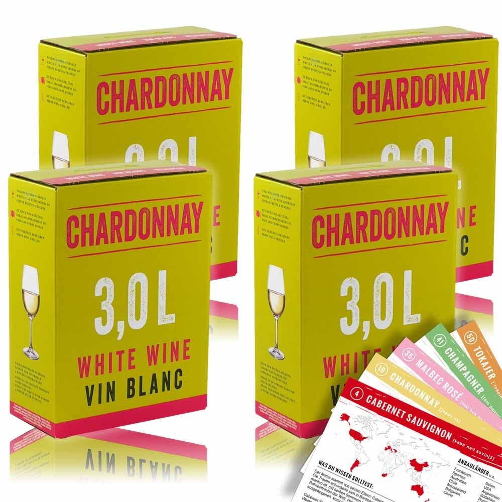 Neon Chardonnay, trocken, Bag-in-Box, sortenreines Weinpaket + VINOX Winecards (4x3,0l)