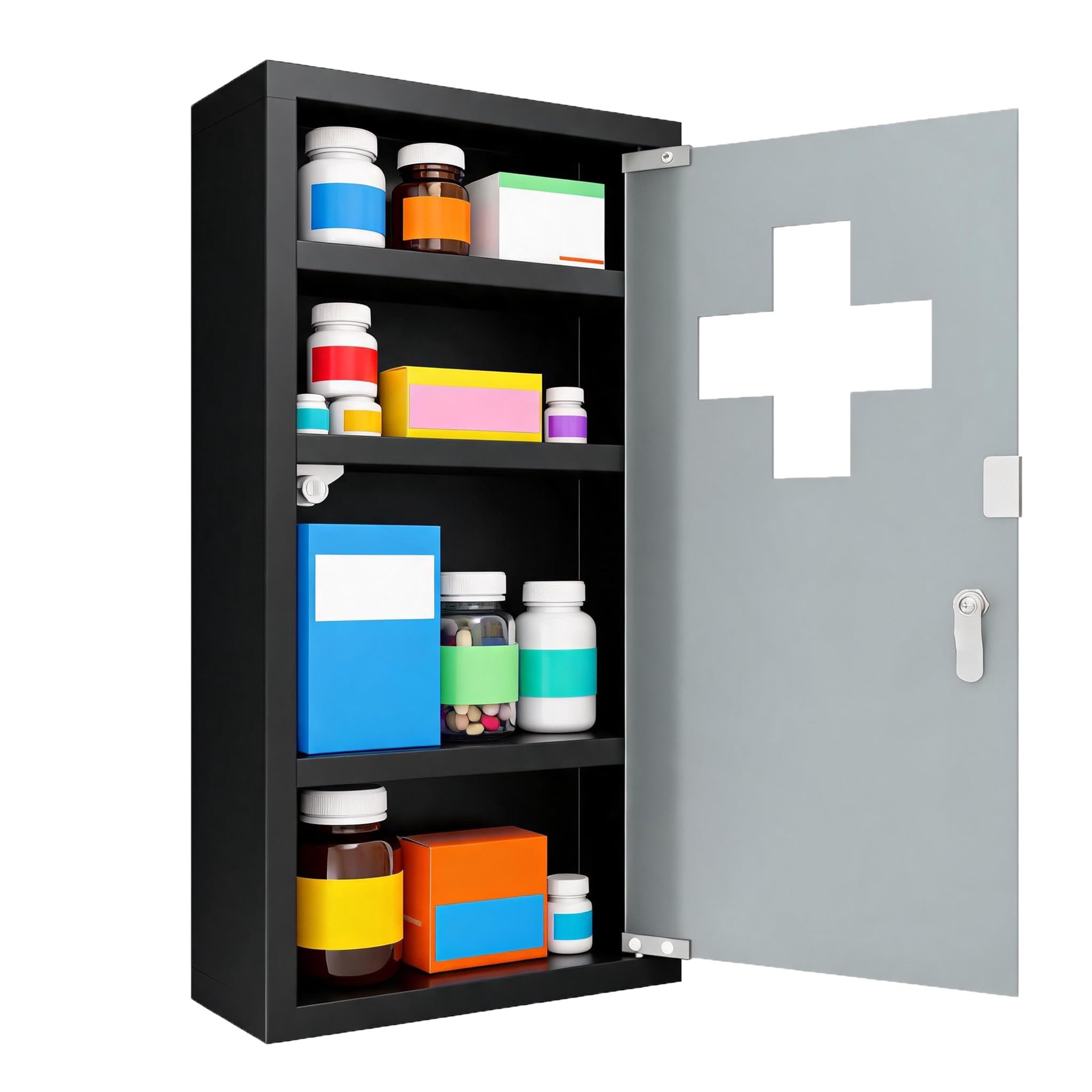 FIVMEN Armoire à pharmacie suspendue en acier inoxydable - Verrouillable - Avec porte en verre et 2 clés - 30 x 12 x 57,5 cm - Noir