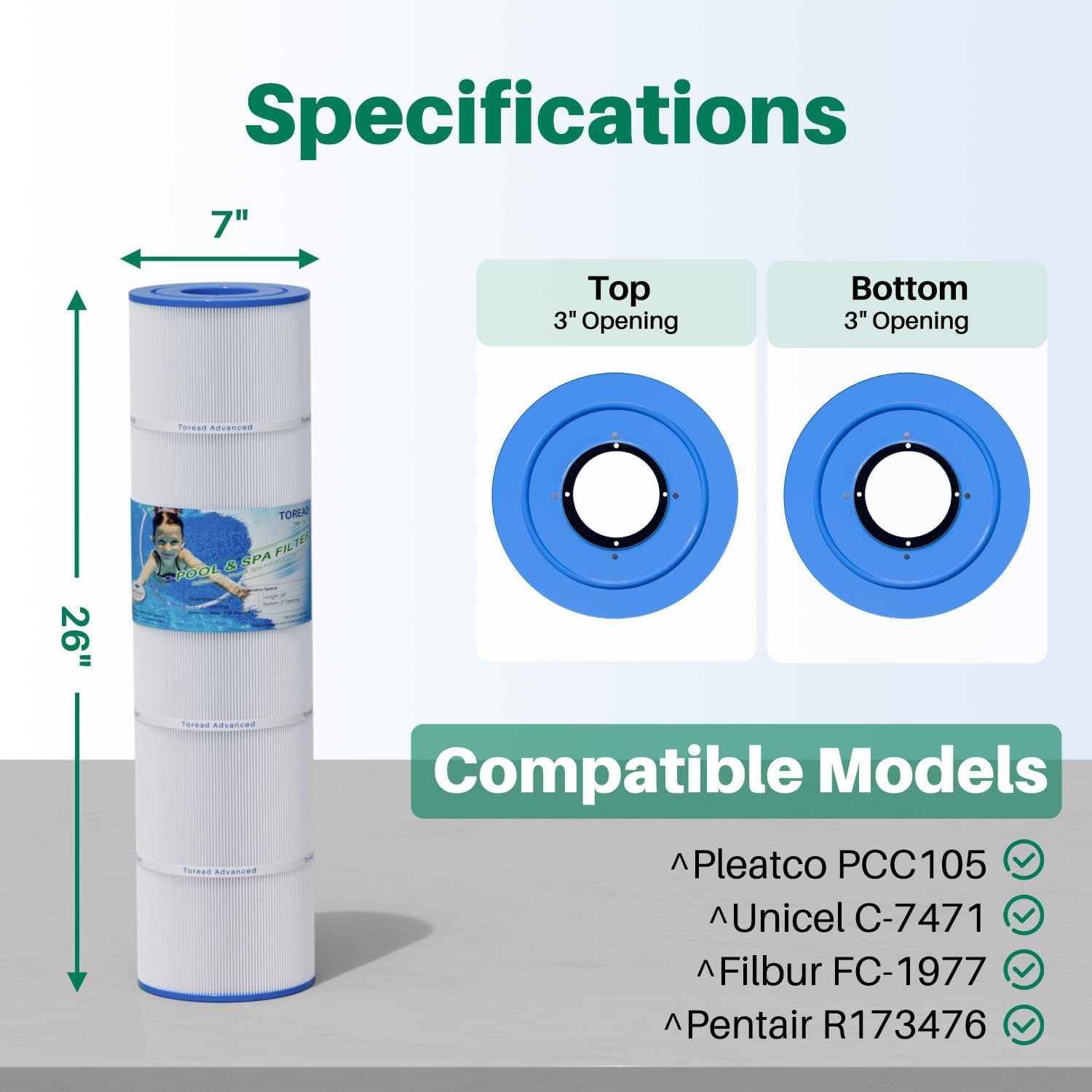CCP420 Pool Filter Replaces Pentair Clean and Clear Plus 420, PCC105-PAK4, Ultral-A6, Unicel C-7471, R173576, Filbur FC-1977, 817-0106, 178584, 570-0425, 4X105 sq. ft. Cartridge, L x OD: 26"x7"