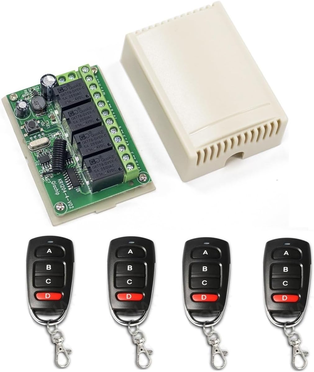 QIACHIP 433Mhz Wireless RF Switch DC 12V 24V 4Channel Wireless Remote Control Switch, Relay Receiver Module, Transmitter Momentary Toggle Switch (4 Transmitter & 1 Receiver)