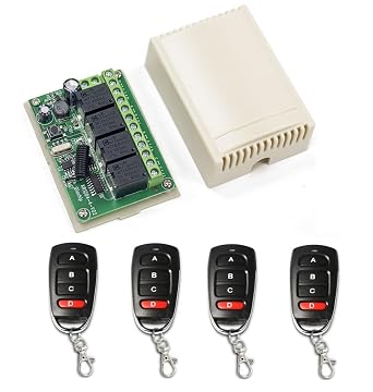QIACHIP 433Mhz Wireless RF Switch DC 12V 24V 4Channel Wireless Remote Control Switch, Relay Receiver Module, Transmitter Momentary Toggle Switch 4 Transmitter & 1 Receiver