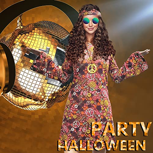 MRYUWB 70s Hippie Dress Costumes Necklace Earrings Sunglass Women Disco  Outfit, 60s Party Costume, Halloween Retro Dresses (Brown, M)