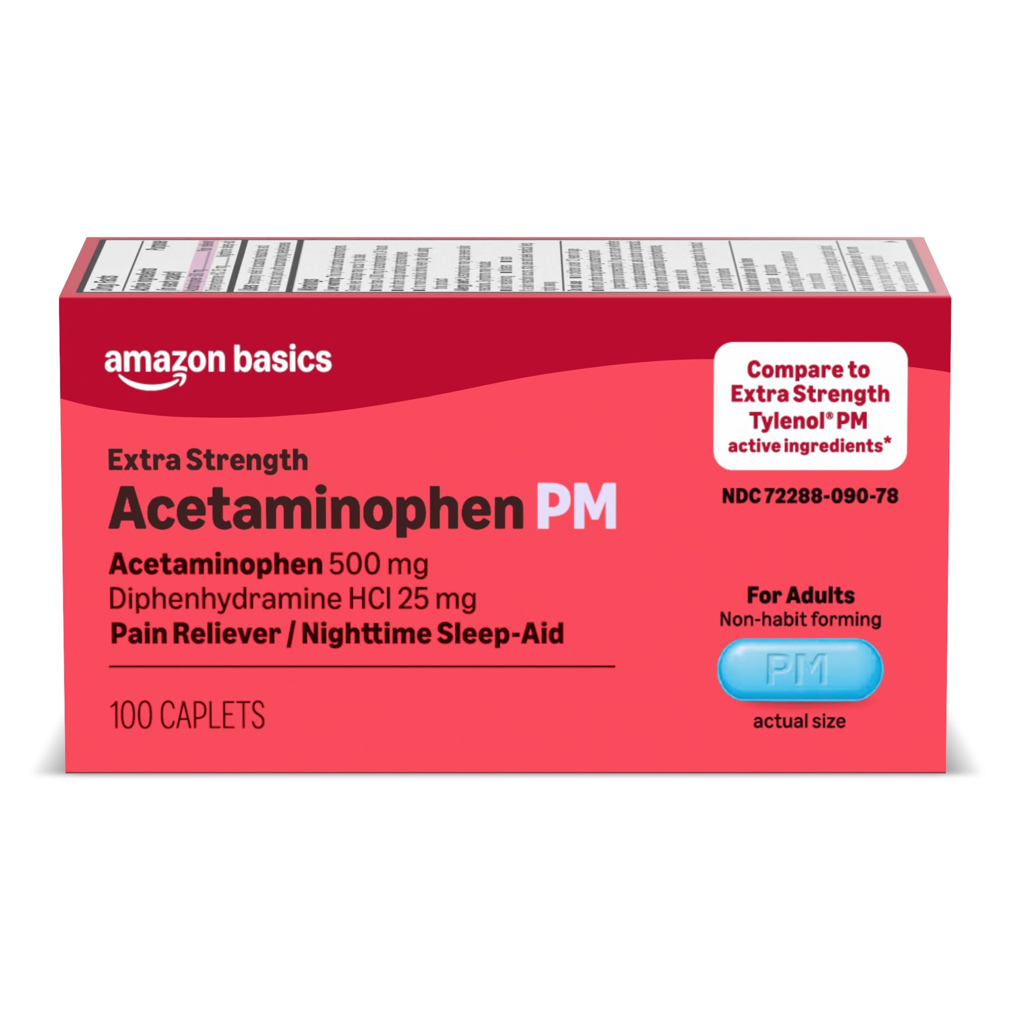 Amazon Basics Acetaminophen PM Caplets, Pain Reliever Plus Nighttime Sleep Aid, Extra Strength, Helps Occasional Minor Aches, Pains and Headache Relief, 100 Count (Previously Care)