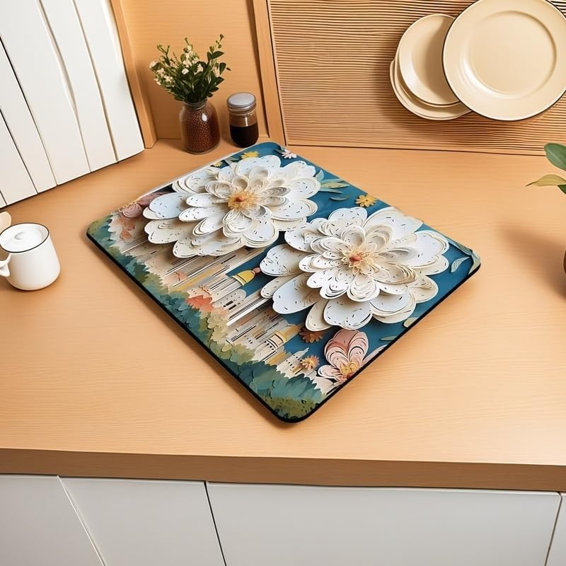 Mata do suszenia naczyń 3D – chłonna mata kuchenna z mikrofibry, ociekacz do naczyń, kwiatowy wzór na wiosnę i lato, 40 x 50 cm, idealna mata do szybkiego suszenia