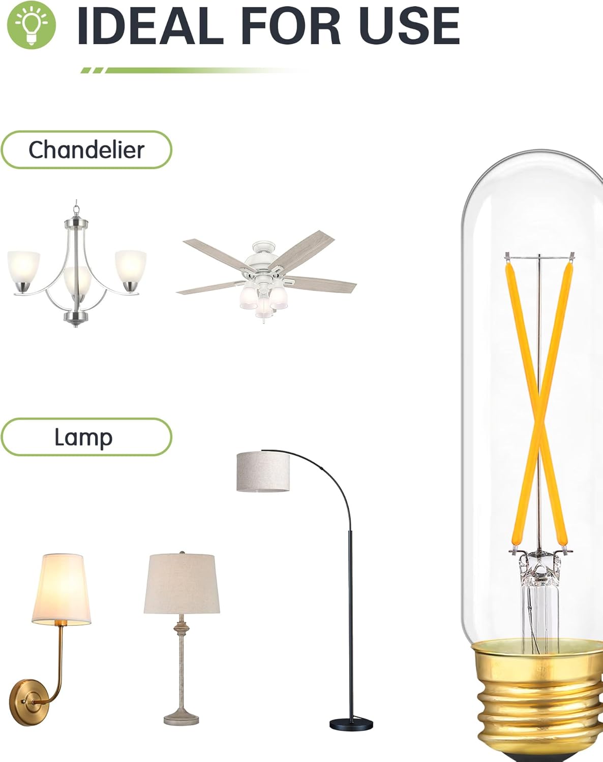 T10 LED Bulb 25W Equivalent, 2700K Warm White, 2 Watts E26 Base Dimmable Tube LED Bulb, 200LM LED Chandelier Bulb, 2W T30 Tubular Light Bulbs, 4 Pack