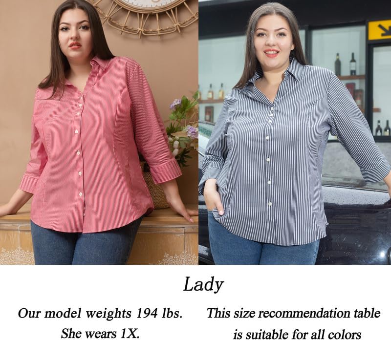 Plus Size 3/4 Sleeve Shirts for Women Button Down Shirts V Neck Women Blouses Tops Business Casual Stretch Shirts - Image 5