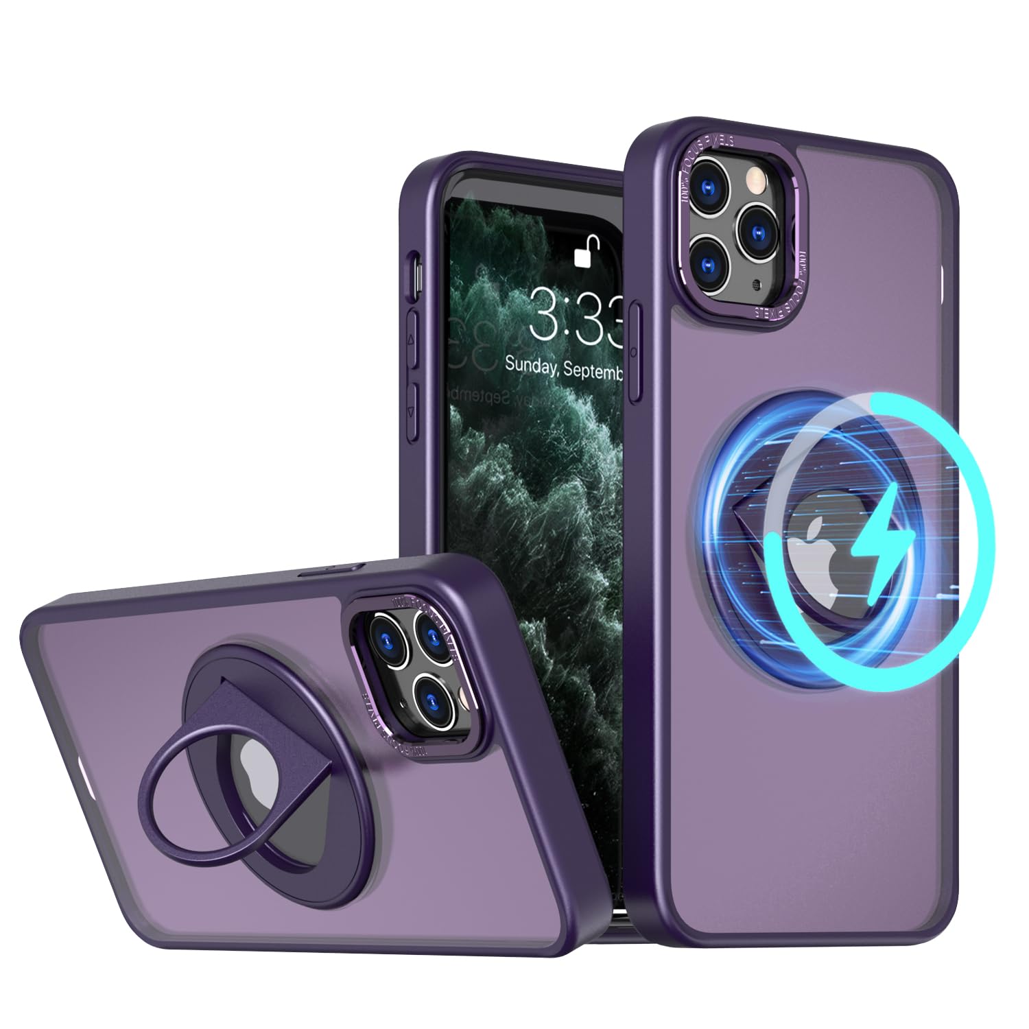 iPhone11 Pro 用 ケース【360°回転ブラケット】【隠しスタンド リング付き】360°回転スタンド マグネット搭載 縦横両対応 角度調整可 ストレスを和らげる リング 指紋防止 ワイアレス充電対応 マット感 いphone11Pro用 カバー-パープル