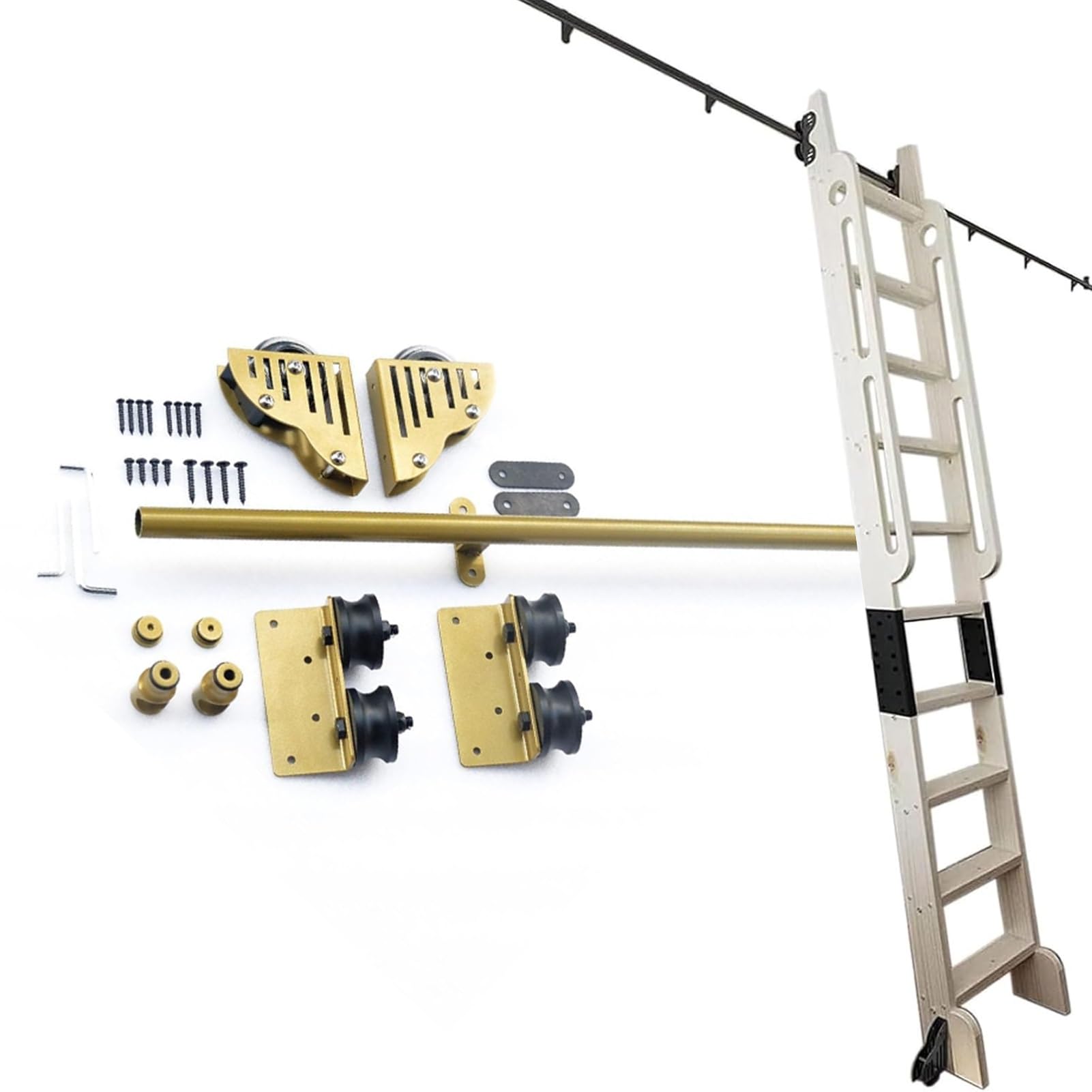 3.3フィート~24フィート ゴールド スライド式 ライブラリー ラダー ハードウェア フルセット ラウンド チューブ トラック/レール キット (ラダーなし) フロア ローラー ホイール付き(600cm トラックキット)
