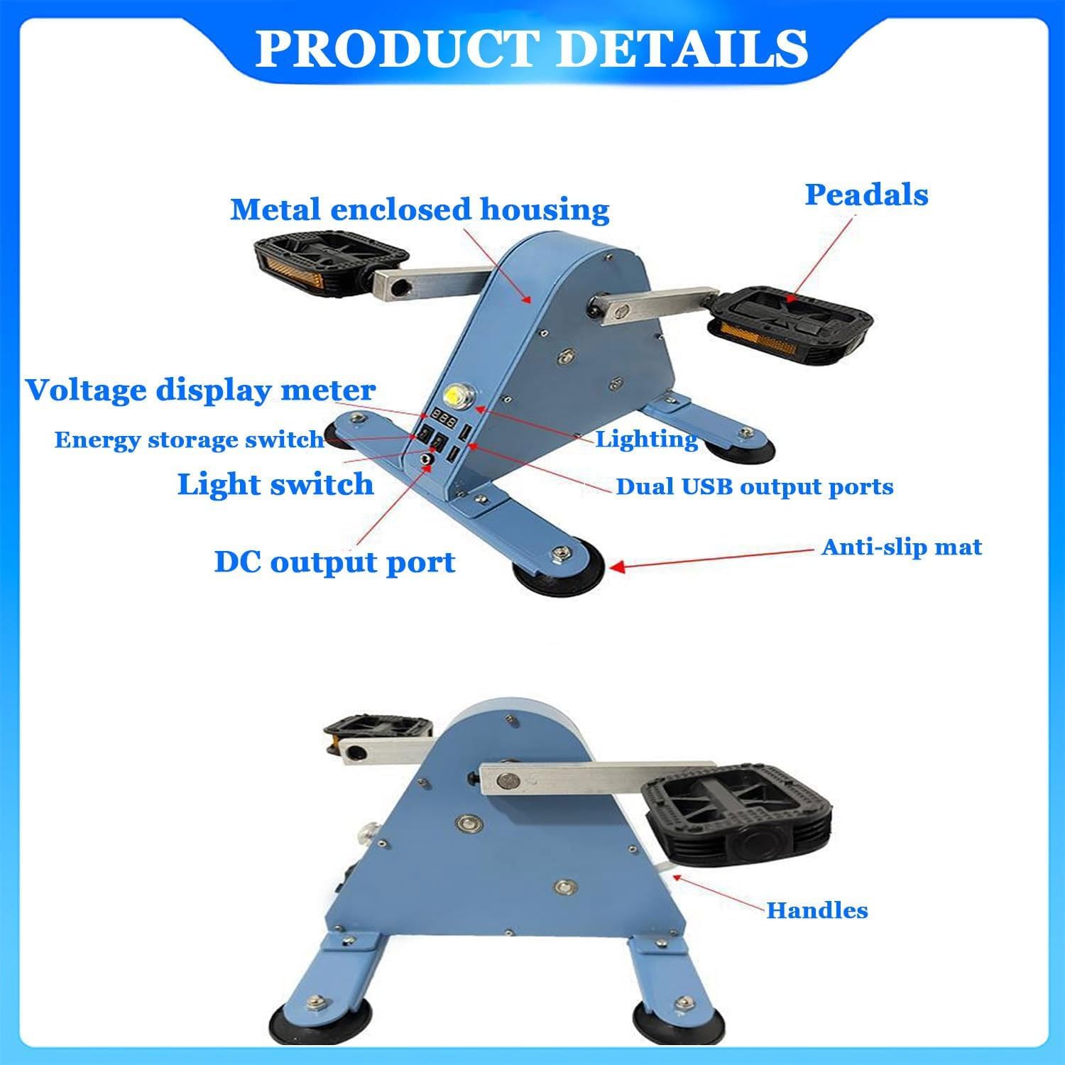 Przenośny awaryjny generator prądu, zasilany stopą 100 W z wyświetlaczem LED, wyjście USB 1-35 V na kemping, trening fitness i rower spinningowy