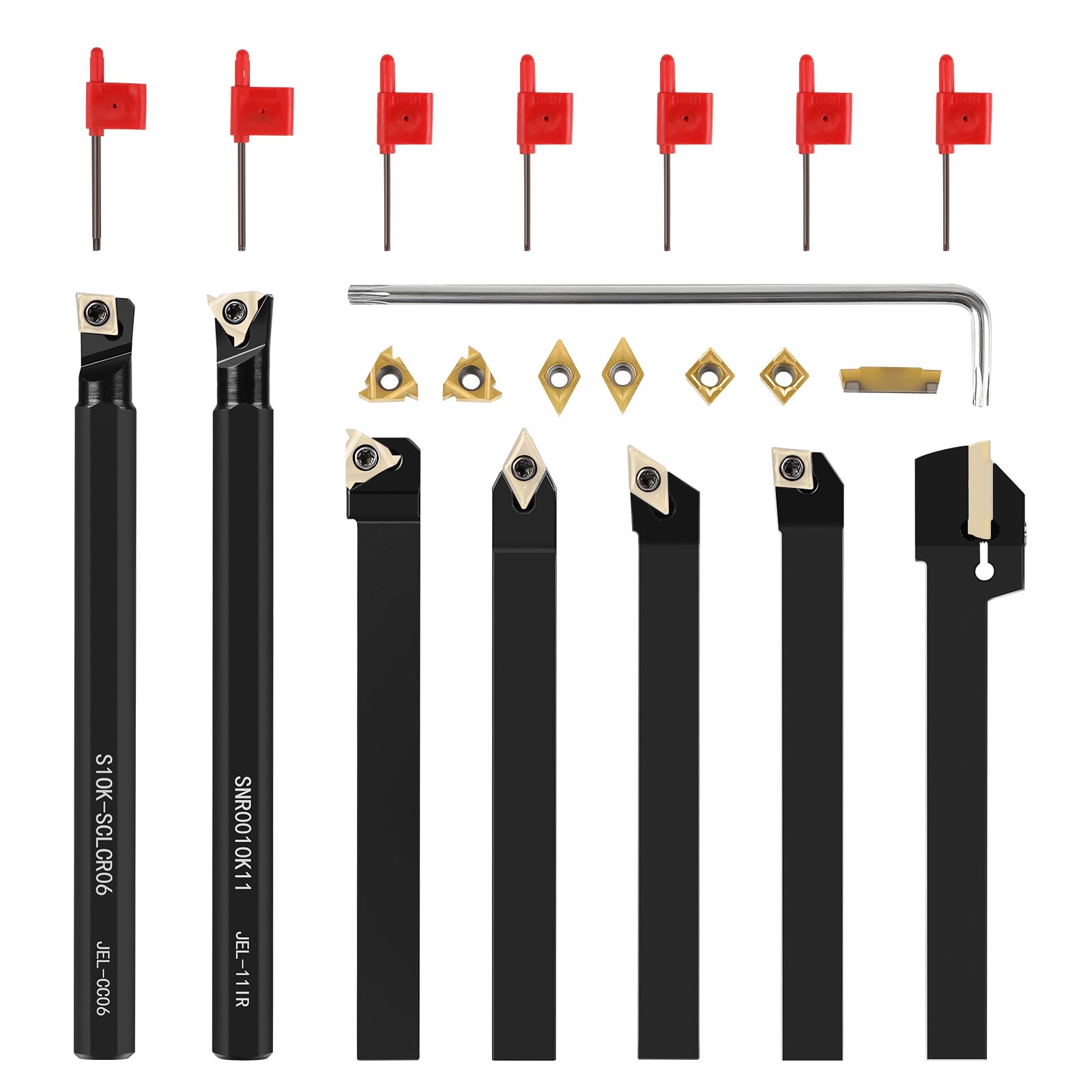 SWAWIS 21 Piezas 10mm Herramientas de Torneado Indexables Kit, Herramientas de Torno Set con Inserto de Metal Duro para Rectificado de Corte Acabado de Superficie de la Pieza