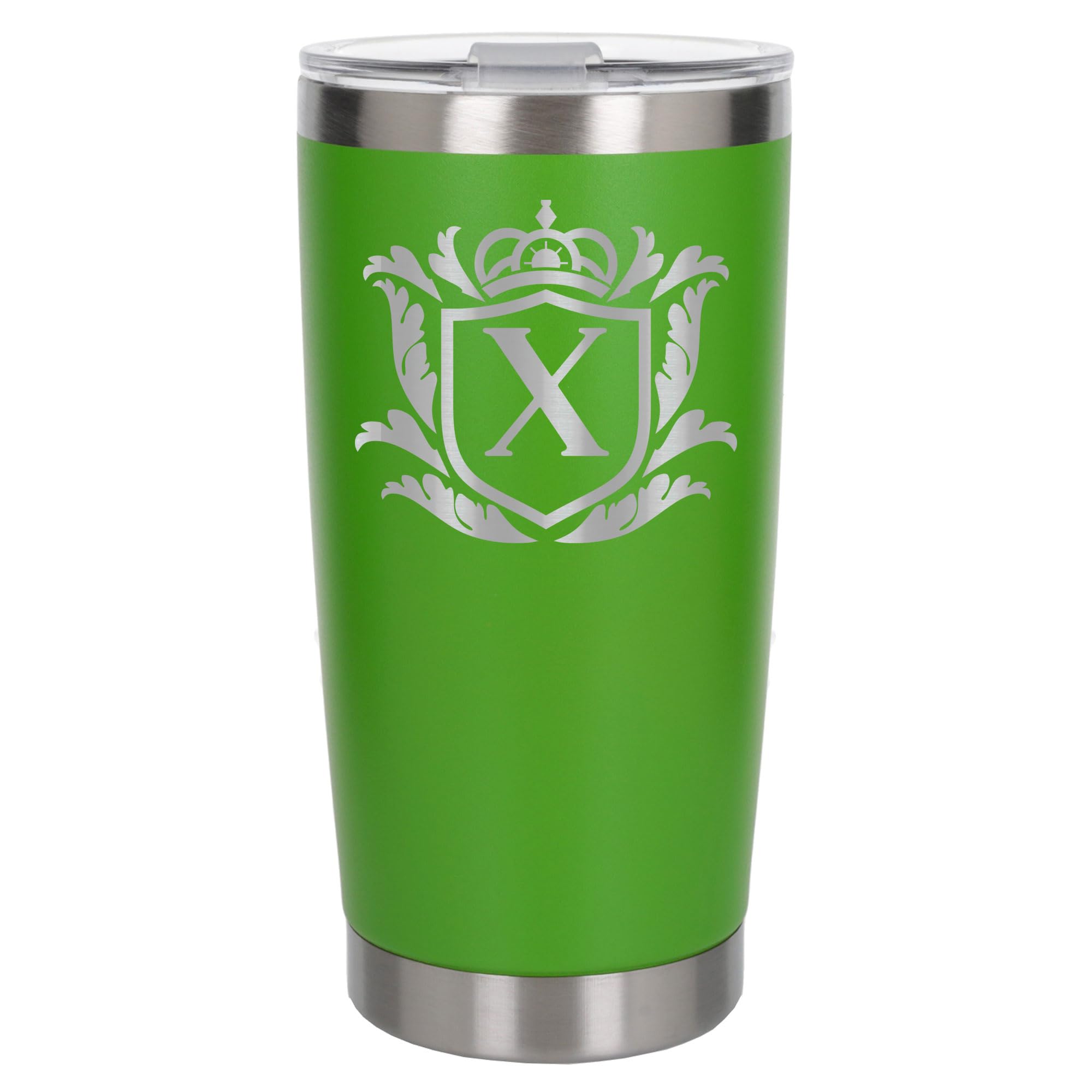 Customised Gifts 500ml Engraved Shield Initial Monogram Insulated Personalised Green Travel Mug for Men and Women - Personalised Initial Coffee Travel Mug for Hot and Cold Beverages, Letter X