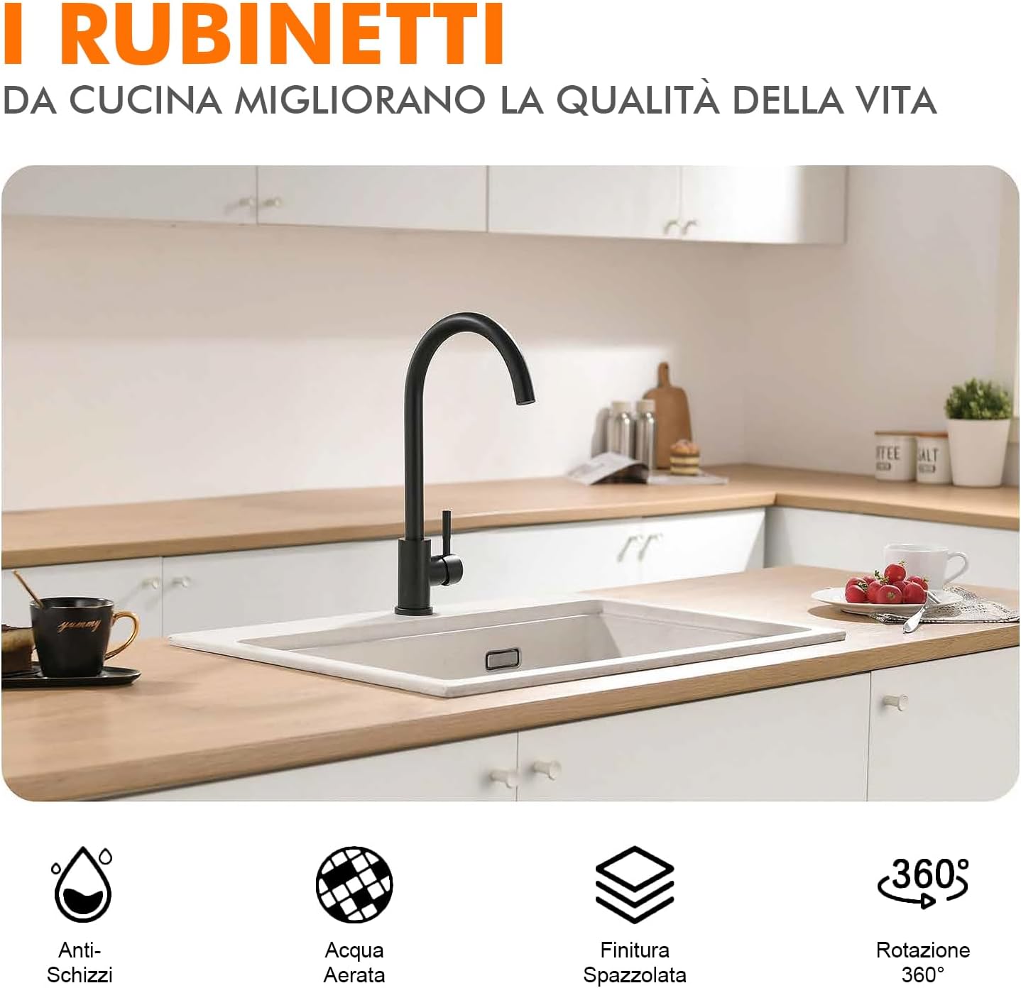 Grifema G4008B faucet installed in a modern kitchen sink, showing its anti-splash, aerated water flow, brushed finish, and 360-degree rotation features.