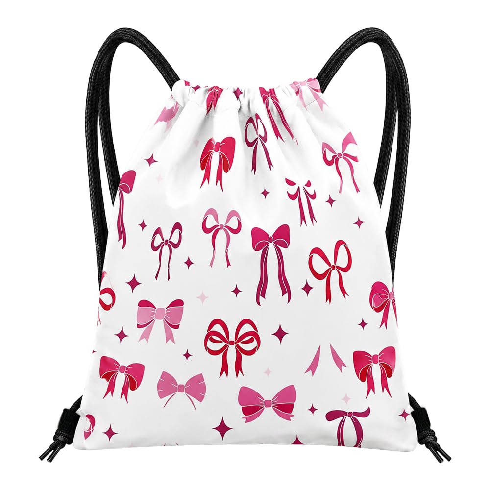 Pink Bow Drawstring Bag 45x36cm, Travel Sports School Backpack for Women