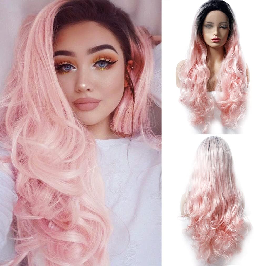 KXW Pink Wigs Long Wavy Curly Ombre Dark Black Root Pink