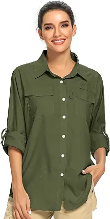 Women's UPF 50 Long Sleeve Safari Shirts,Sun Protection Quick Dry Outdoor Fishing Hiking Gardening Shirt