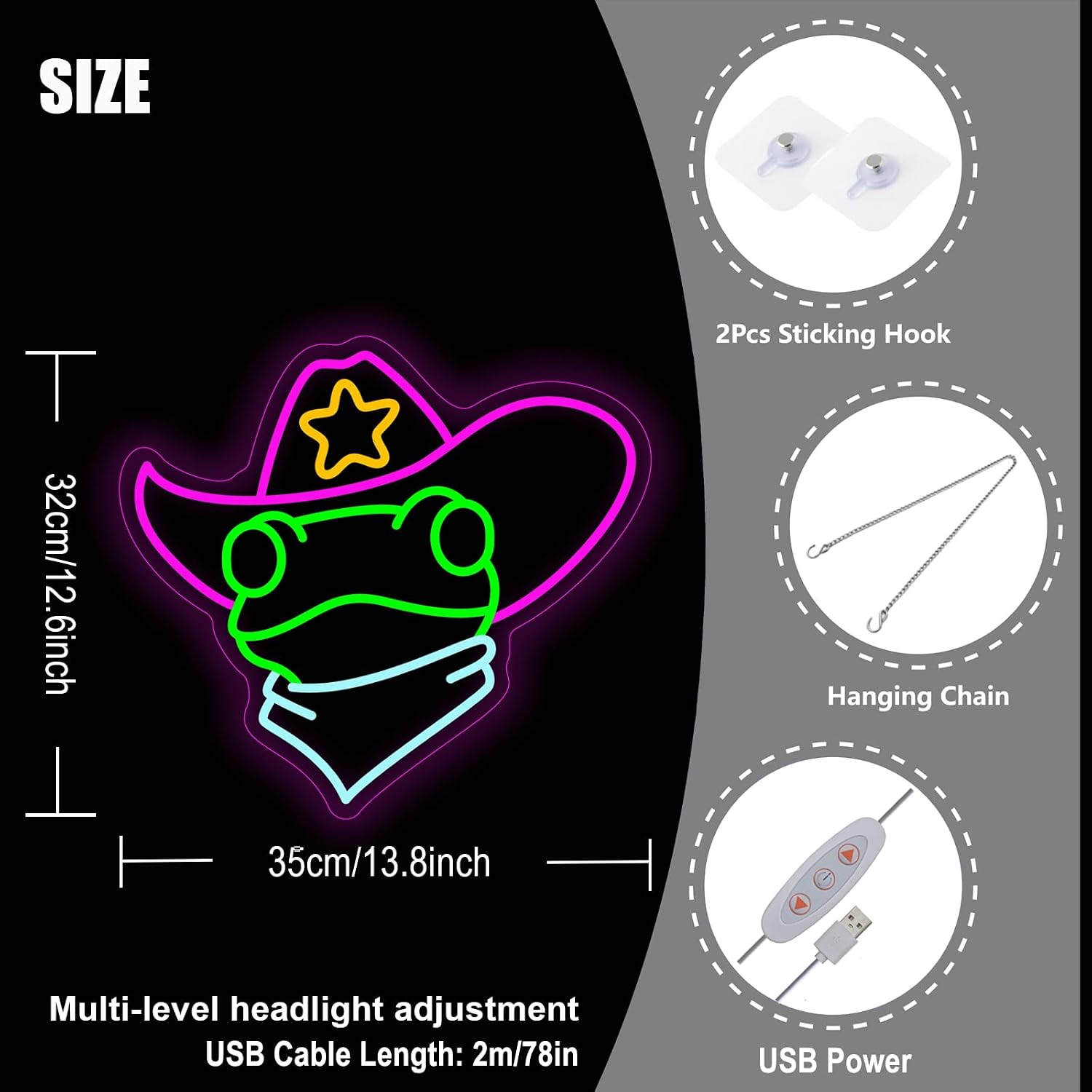 Neon Frog Cowboy Sign - Colorful LED Neon Lights for Wall Decor, Cute Frog with Cowboy Hat & Bandana Neon Art, Dimmable USB Powered Night Light for Bedroom, Gaming Room, Man Cave, Cool Gifts for Teens & Kids (14x13inch)
