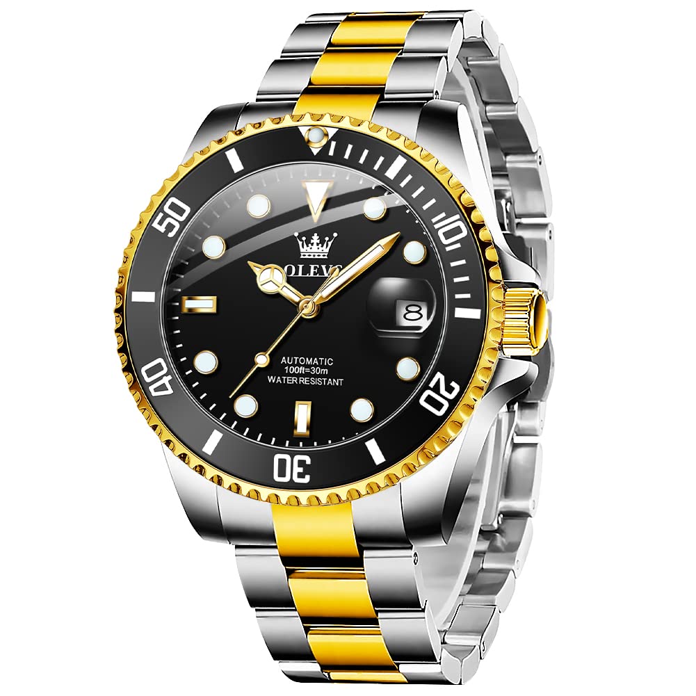 Men's Luxury Automatic Watch with Magnified Date, Big Self-Winding Unidirectional Rotating Bezel Waterproof Luminous Analog Watch for Men Gold Sliver Stainless Steel Bracelet (Green/Black/Blue Dial), Black Dial Sliver/Gold Tone Band, ROUND, Diver,Mechanical,Self-winding