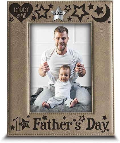 BELLA BUSTA - Marco de fotos para el primer día del padre, cuero para papá y yo, regalo para papá y bebé (vertical de 5 x 7 pulgadas)