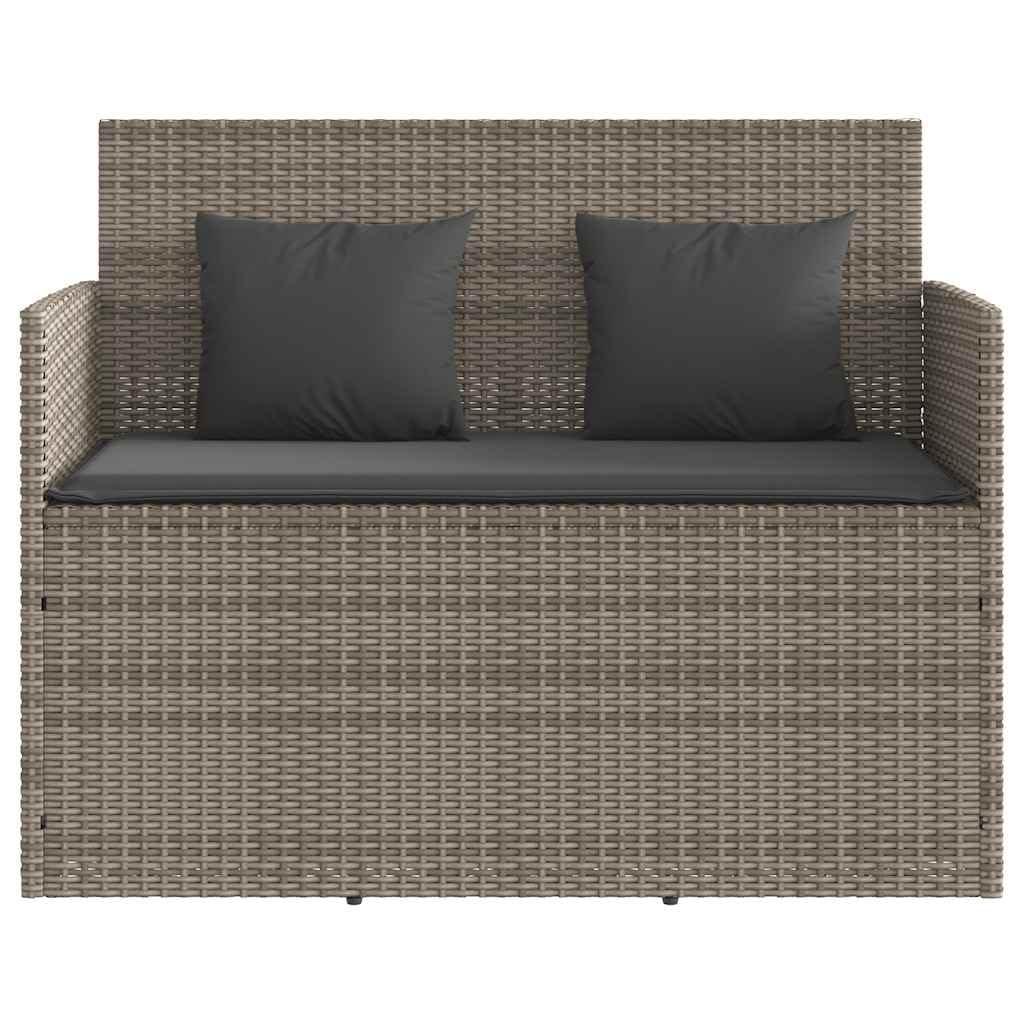 Panca da giardino con cuscino, in polyrattan grigio, panca con vano portaoggetti e borsa impermeabile, seduta imbottita con rivestimento rimovibile, coperchio sicuro con molla a gas per