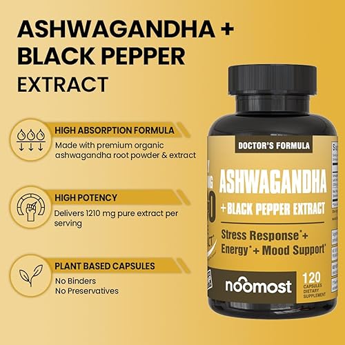 Miniatura 4 de NooMost Ashwagandha 1200 mg con extracto de pimienta negra  10% Withanolides  Extracto de raíz puro para promover la calma y el equilibrio para