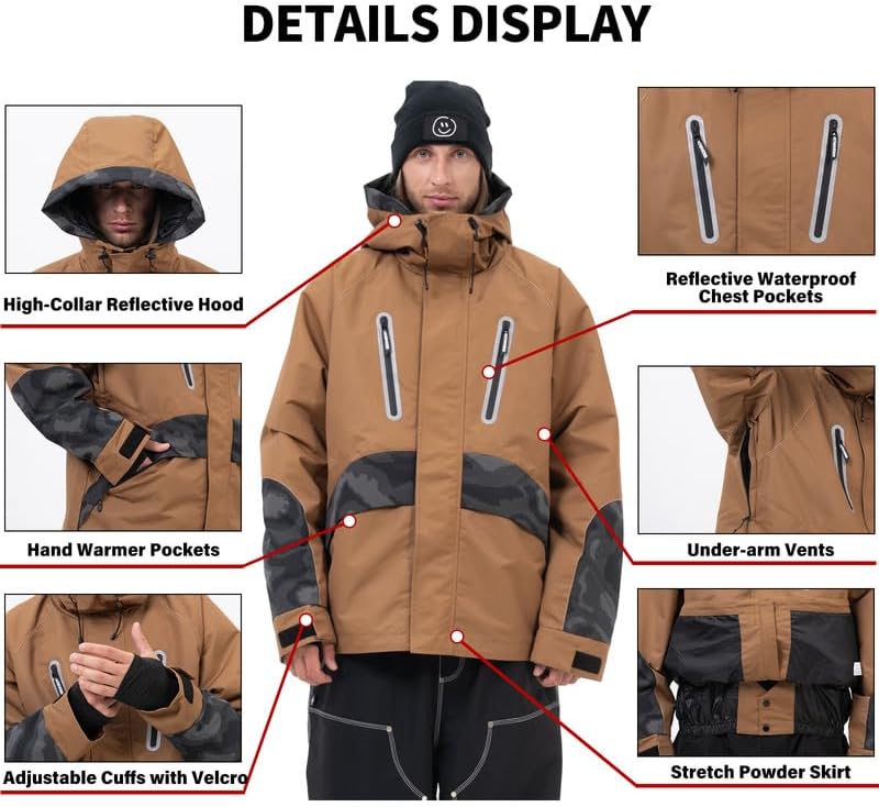 Snowshred Men's Camo Reflective Snow Jacket Waterproof Warm Ski Coat Hooded Snowboard Mountain Jacket for Winter Outdoor