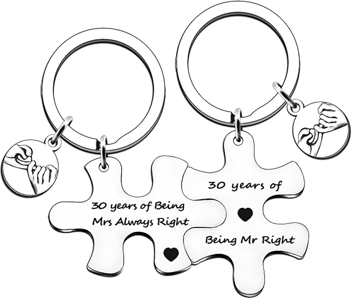 Posoto Unisex Silver 2Pcs 30Th Wedding Anniversary Present For Couple - Pearl Wedding Anniversary Present For Him And Her - Unique Puzzle Keyrings Set Keepsake For 30Th Anniversary