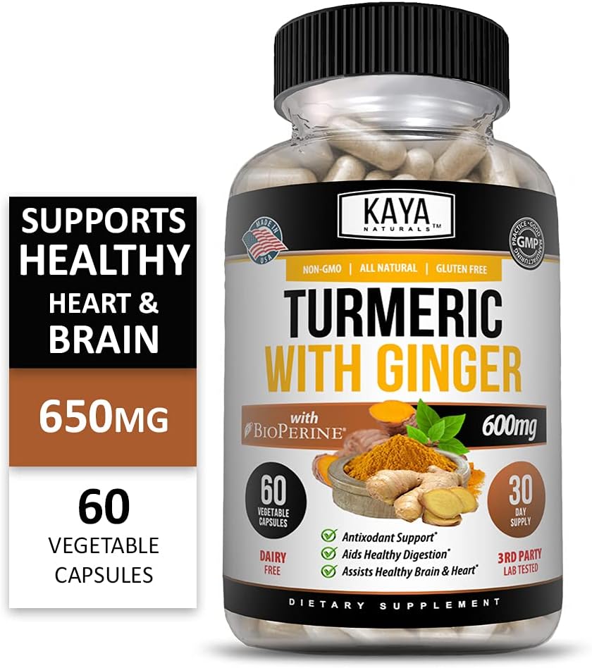 Kaya Naturals - Turmeric with Ginger and BioPerine - Turmeric 95% Curcominoids - Vegan Joint Support with Bioperine for High Absorption - Curcumin Nature Made 1300mg Servings - 60 Veggie Count
