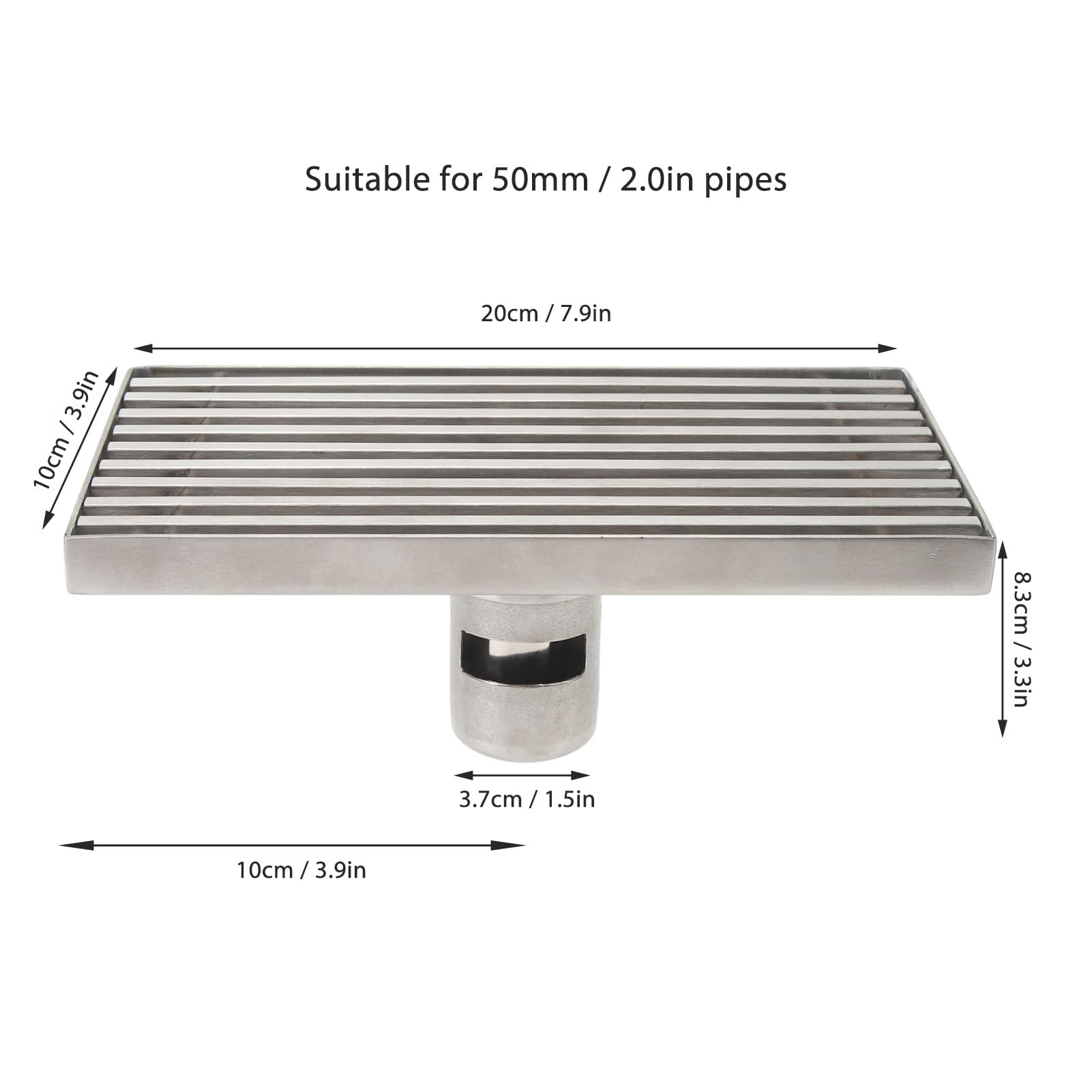 Desagüe de Ducha Lineal de Acero Inoxidable 304, desagüe de Piso Engrosado con Rejilla, diseño Rectangular de 20x10 cm para remodelación de baño con tubería de 50 mm (Drenaje Medio)