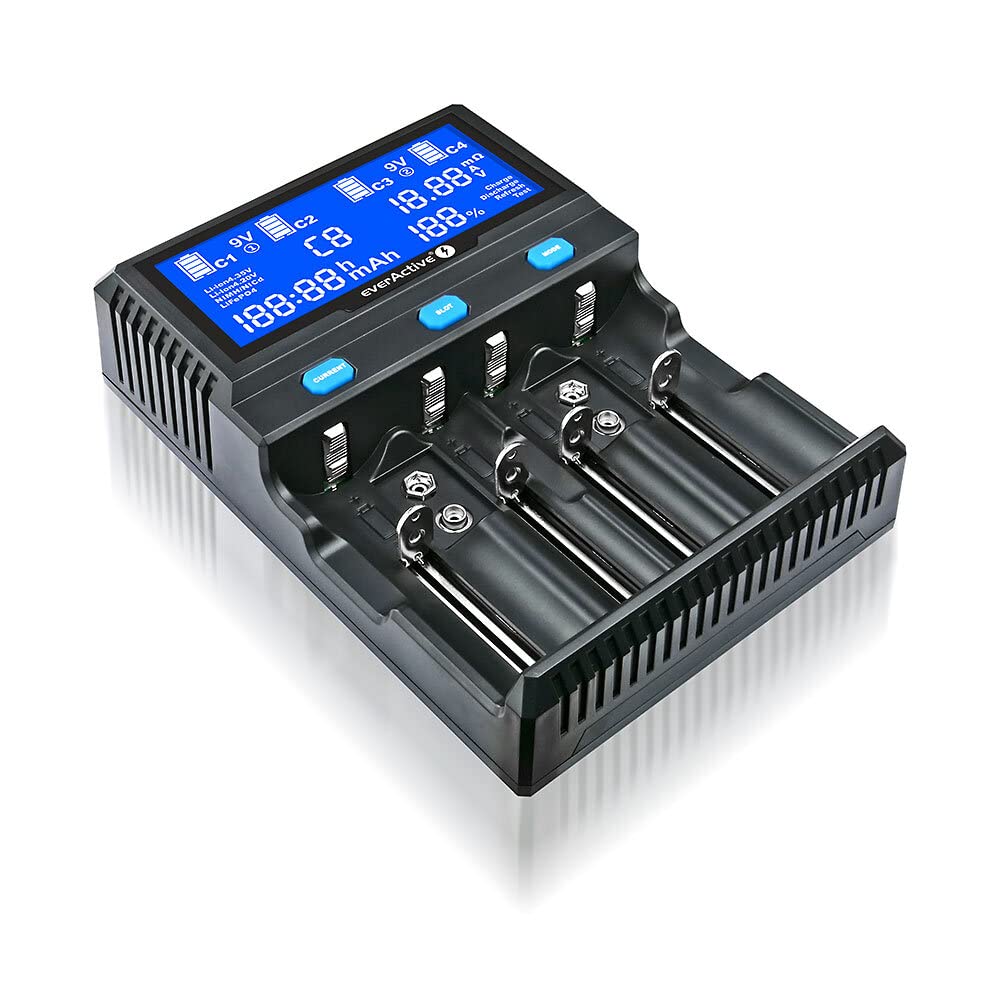everActive - Cargador de 4 Cilindros (Ion de Litio y NI-MH, Profesional rápido y Universal, Pantalla LCD, Prueba de Capacidad, Modelo UC4200