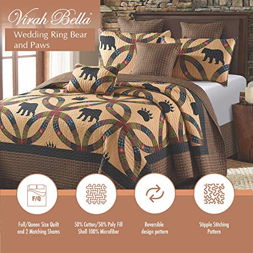 Virah Bella 3 Piece Queen Lodge Quilt Bedding Set - Wedding Ring Bear And Paw - Rustic Cabin Country Reversible Camping Comforter Set With Decorative Pillow Shams, Brown/Khaki #TOP1