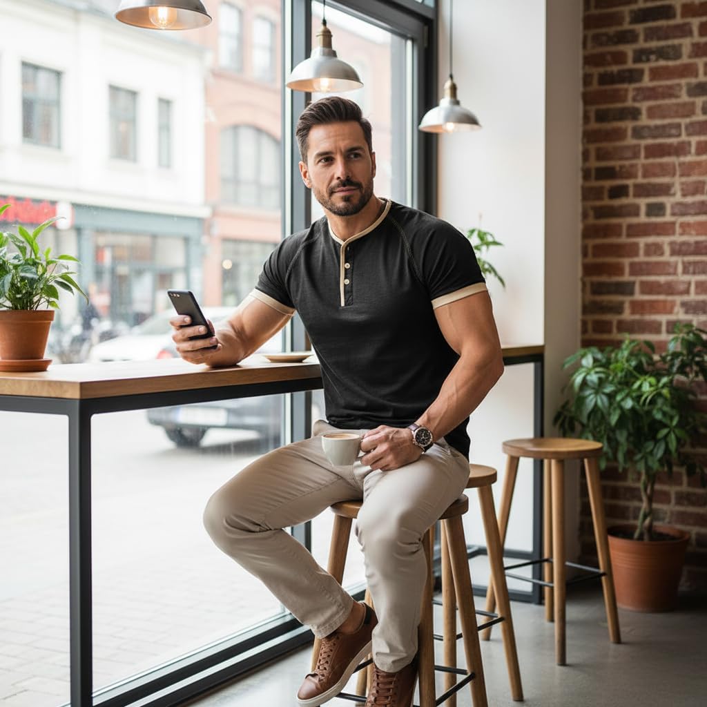 Men's Raglan Henley Shirt Short Sleeve Athletic Fit Casual Cotton Tee with Contrast Trim 3-Button Neck Lightweight