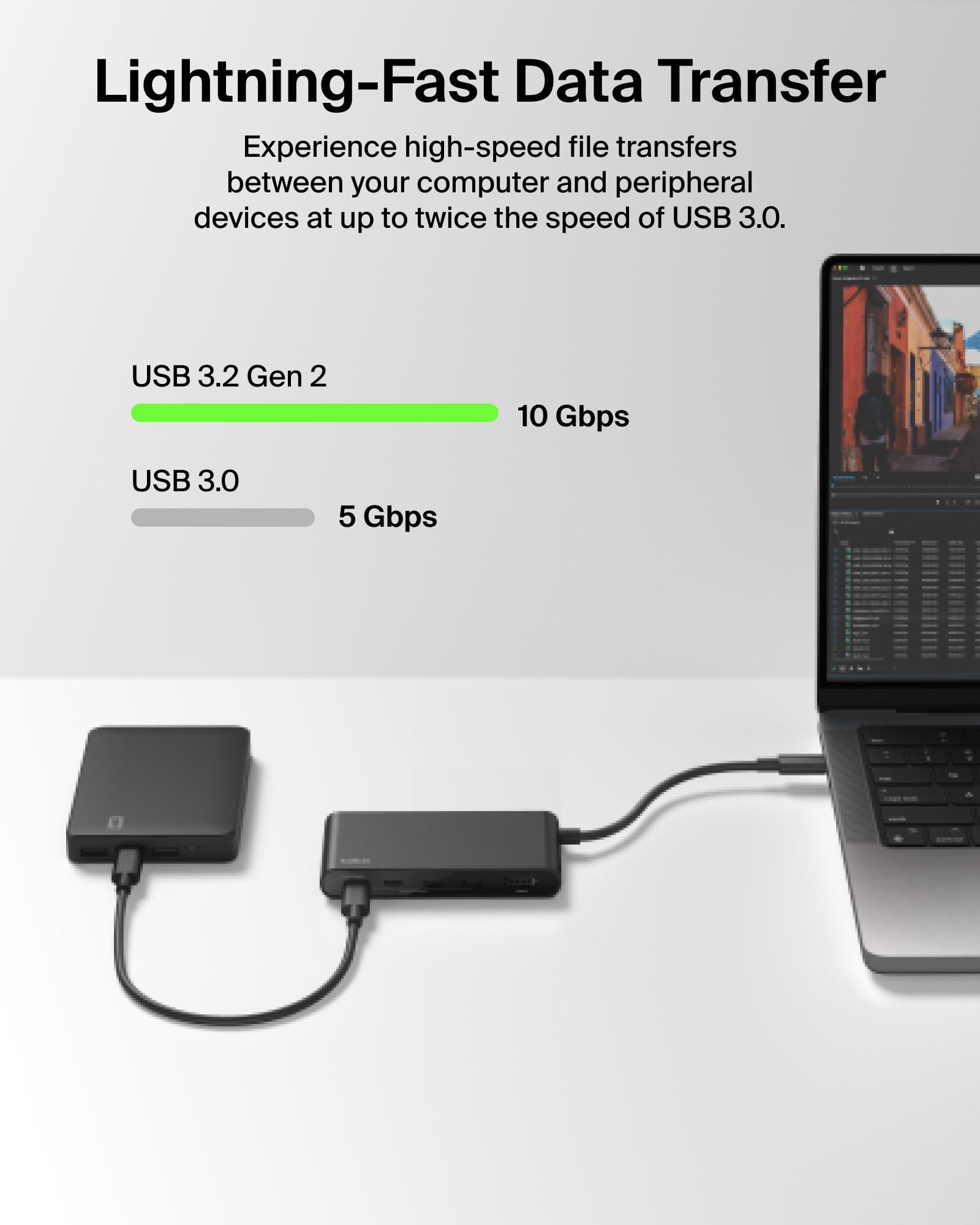 Belkin Hub USB C, concentrador de 5 Puertos con Pantalla HDMI 4K a 60 Hz, Entrega de energía de 100 W, Transferencia de Datos rápida de 10 Gbps, Adaptador multipuerto USB C, Compatible con MacBook | Transferencia de datos de 10 Gbps, soporte de pantalla H