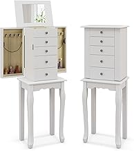 GOFLAME Standing Jewelry Armoire Cabinet with Top Flip Mirror, Jewelry Box Chest with 4 Drawers, Top Compartments, 8 Necklace Hooks and 2 Side Doors, Jewelry Storage Organizer for Bedroom (White)