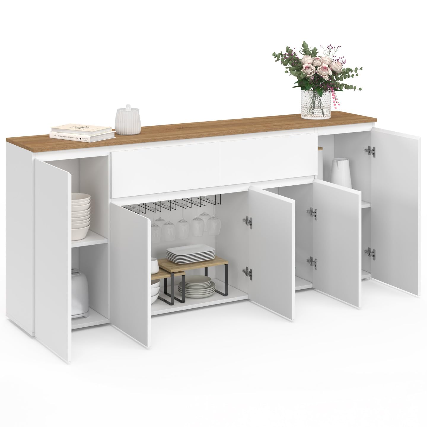 IDMarket - Aparador de 180 cm Toby 5 puertas y 2 cajones, color blanco y tablero de madera