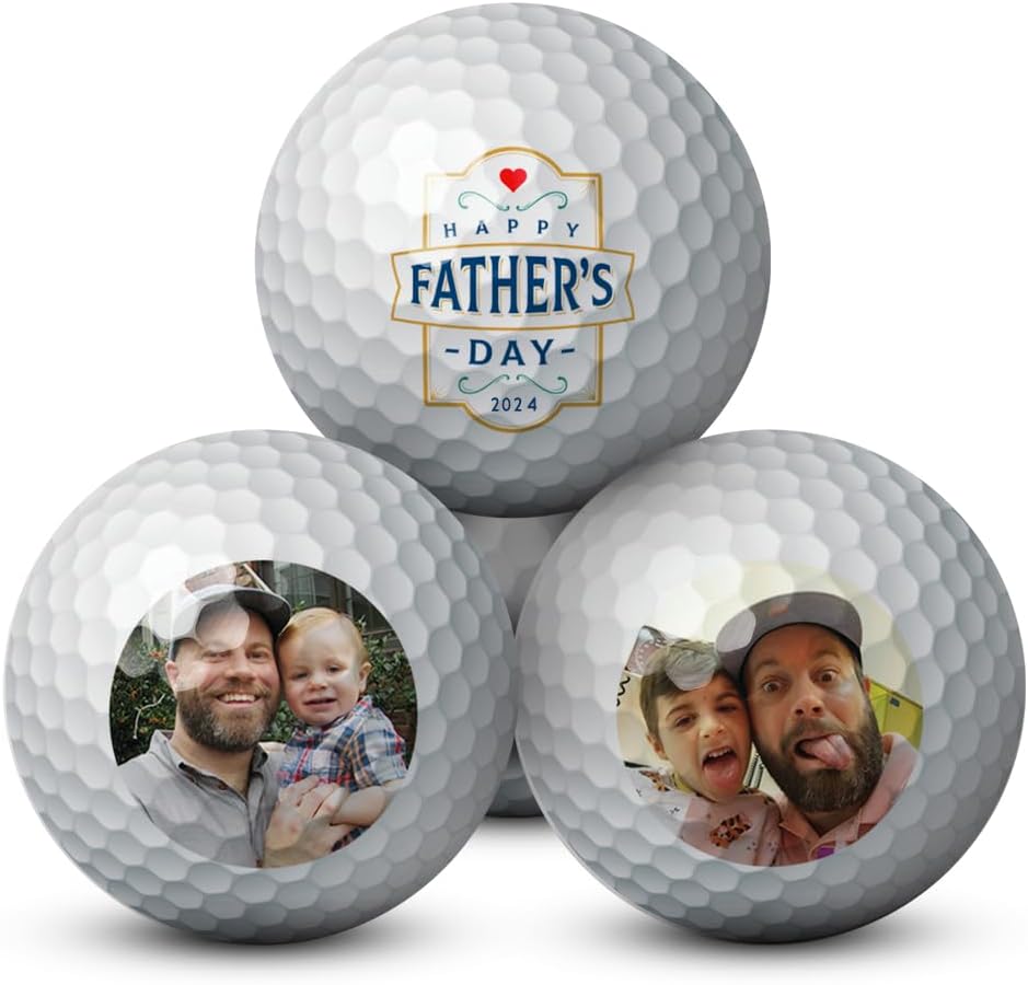 Father’s Day Custom Golf Balls with Display Stand | 3-Pack | Personalized with Your Pictures | Great Golf Gift for Your #1 Dad, Husband, Step-Dad or Grandpa