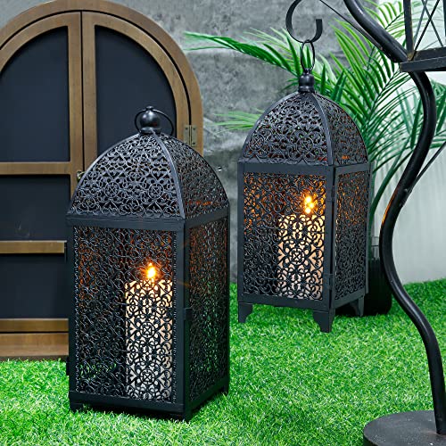 Trirocks Set Of 2 Vintage Decorative Candle Lantern 12''&16.5'' High Metal Candle Holder Hanging Lantern With Hollow Pattern For Living Room Garden Parties Events Indoors Outdoors(Black) #TOP3