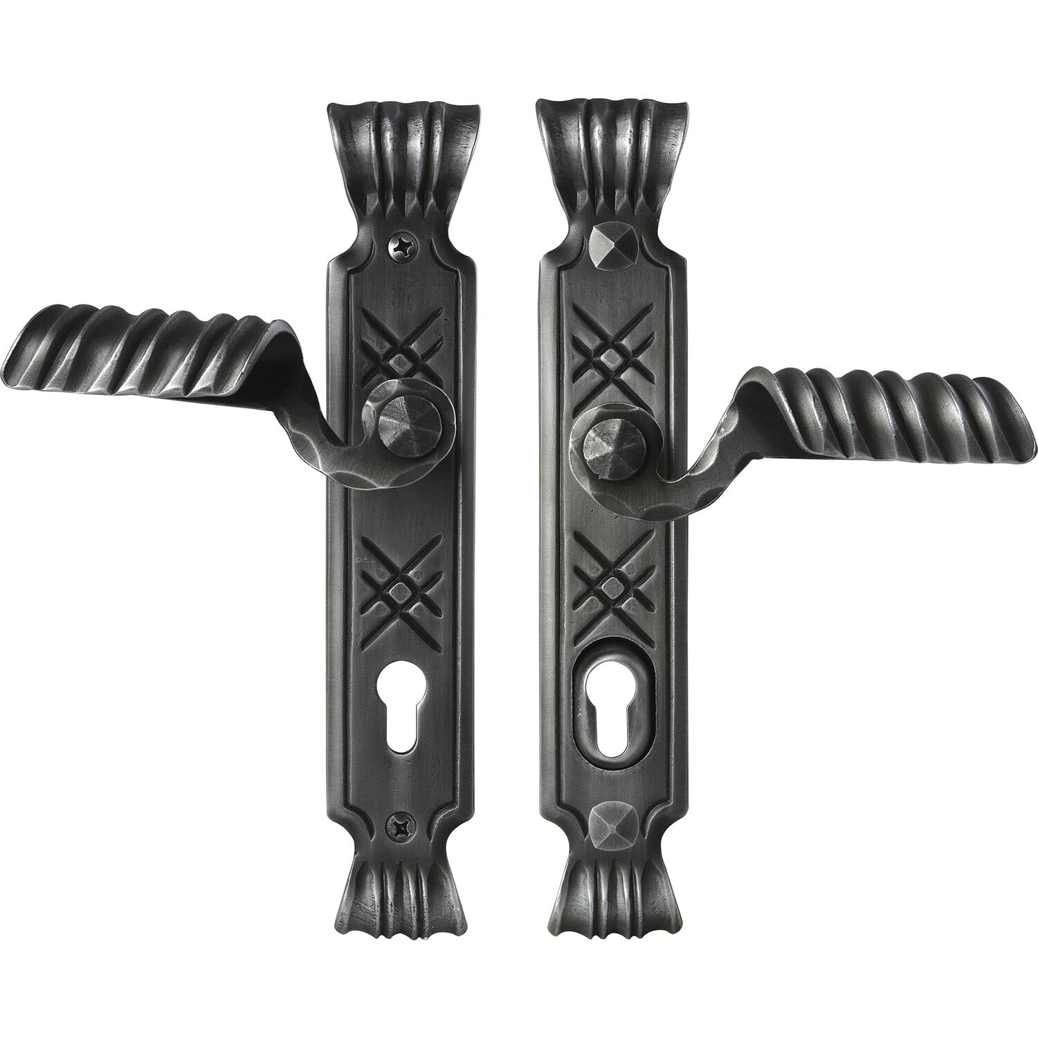 SCHÖSSWENDER Alpina Door Handle Set Rustic with Long Plate PZ 88 TS 70 mm Black Passivated Painted Steel, TS70