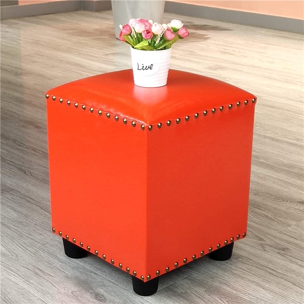 Pouf cube en cuir rouge 30x30x40cm avec structure en bois massif