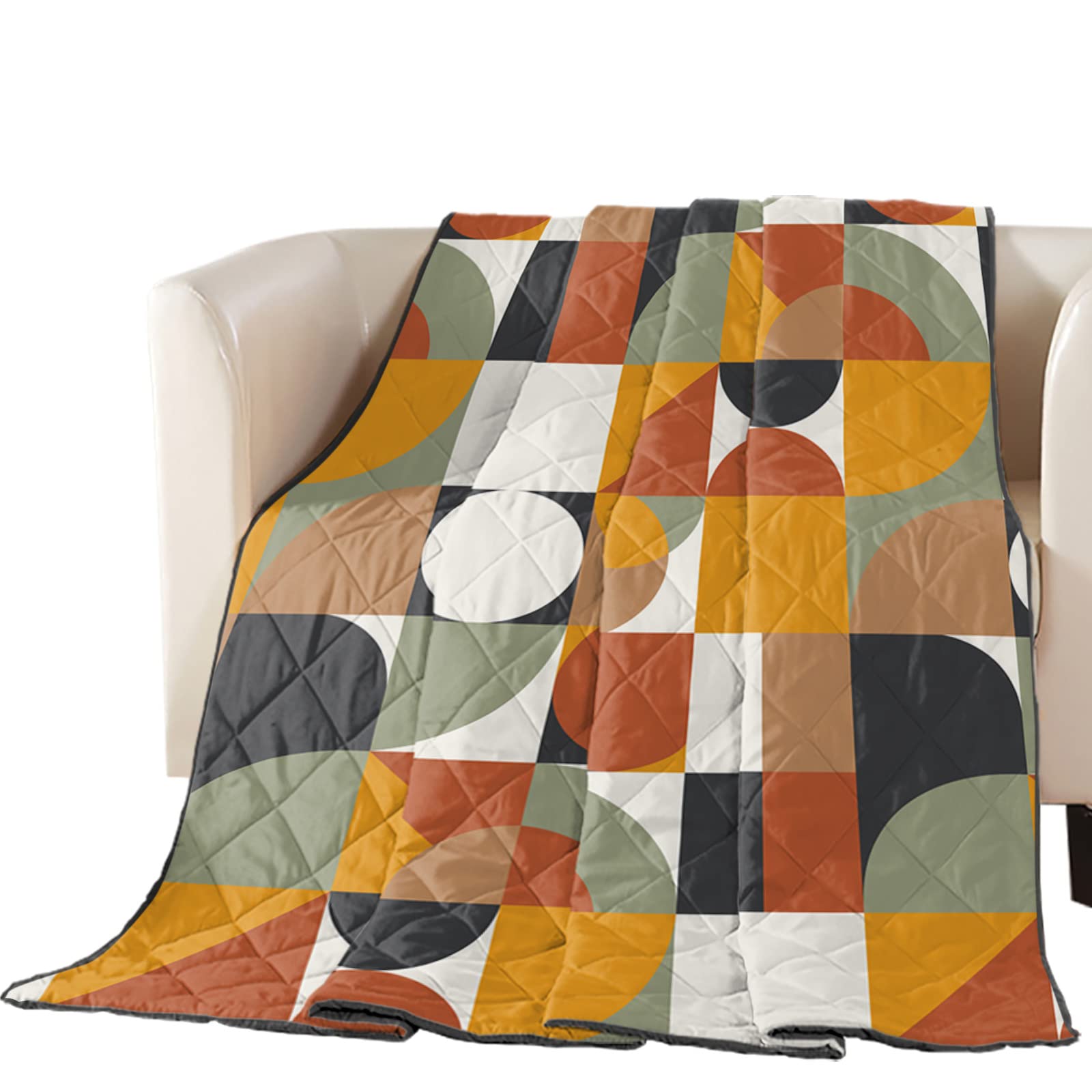 Quilt King Size Luxury Quilted Comforter Bedspread-Thin Soft Cozy, Mid Century Orange Brown Sage Green Abstract Retro Geometric Modern Reversible Stitched Lightweight Quilt Coverlet for All Season