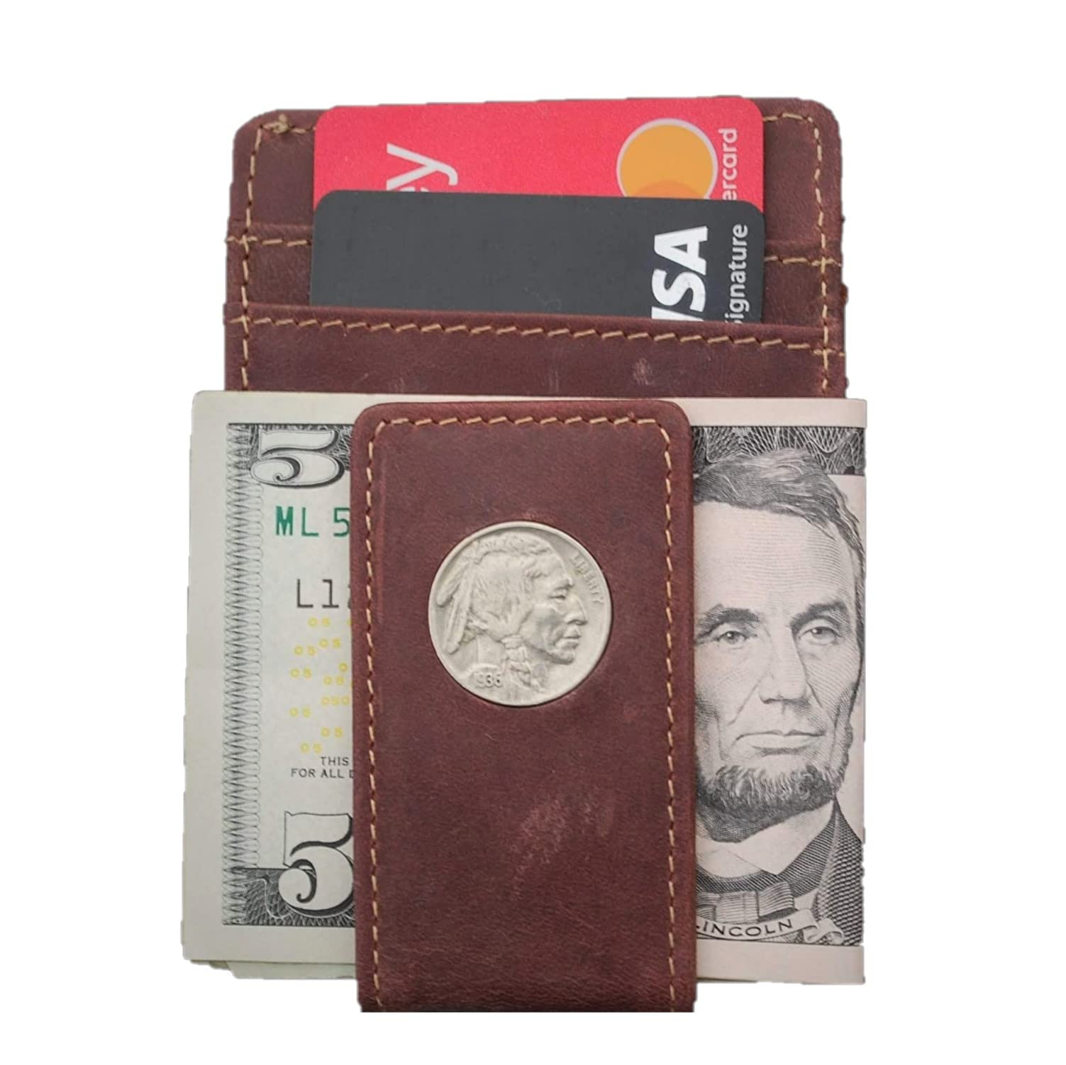 US 1936 Indian Head Buffalo Nickel 5 Cent Coin Magnetic Money Clip and Wallet Combo New - Crazy Horse Water Buffalo Leather