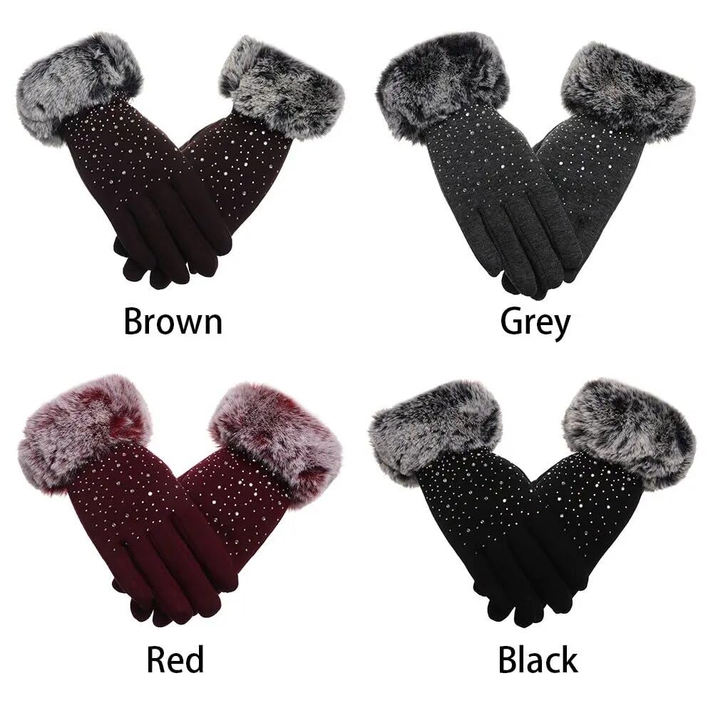 Tomorrow Women's Winter Gloves Soft Warm Touch Screen Gloves for Cold Weather Windproof Covered Finger Faux Fur on The Inner for Cold Weather Women Cute Design Plush Fur Cuff Stone Crafted (Knit) 1