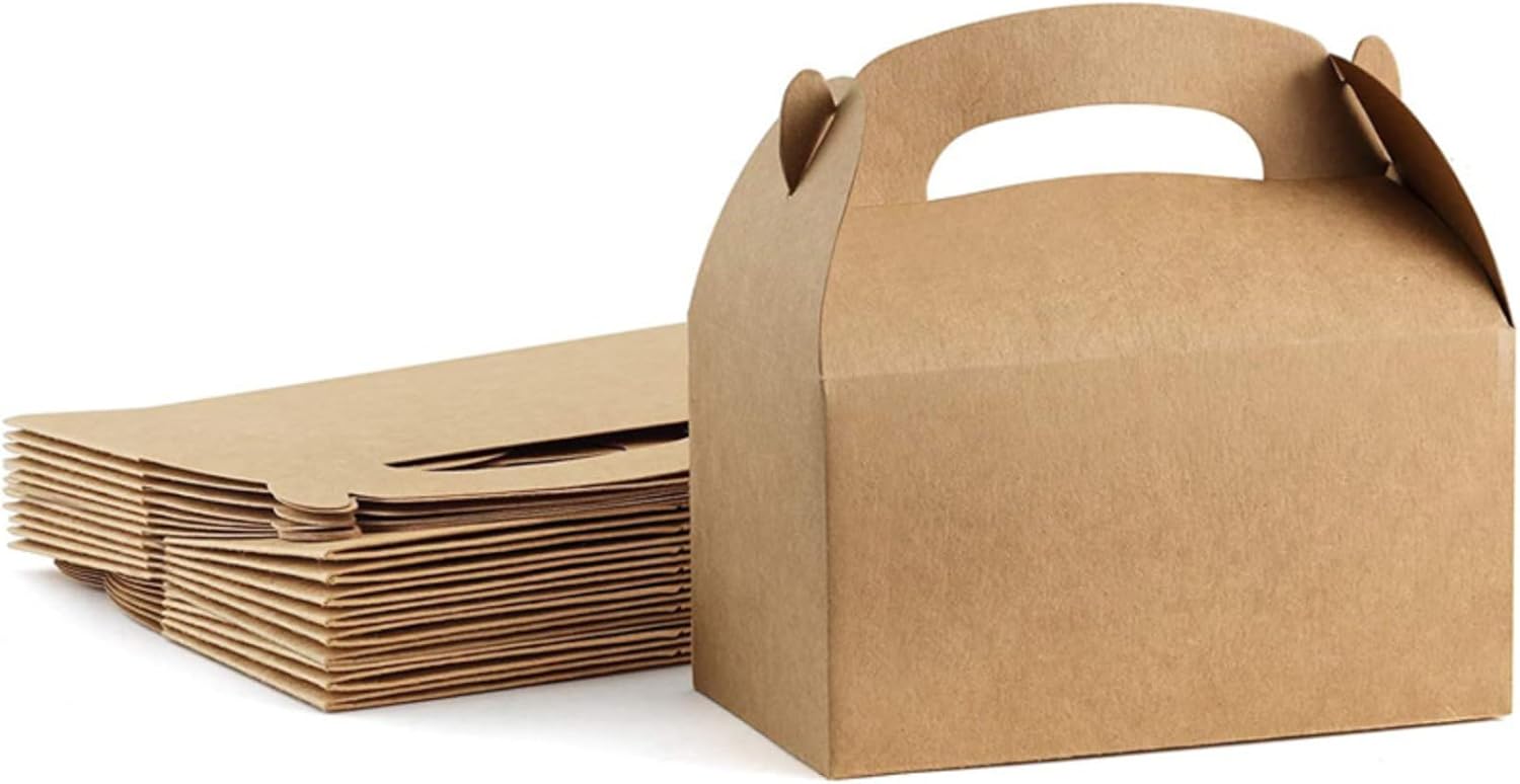 MHUAELIDV 30-Pack Brown Party Favor Treat Boxes with Handles Gable Paper Gift Boxes, Kraft Goodie Boxes for Birthday & Any Fun Party 6.2" x 3.5" x 3.5"
