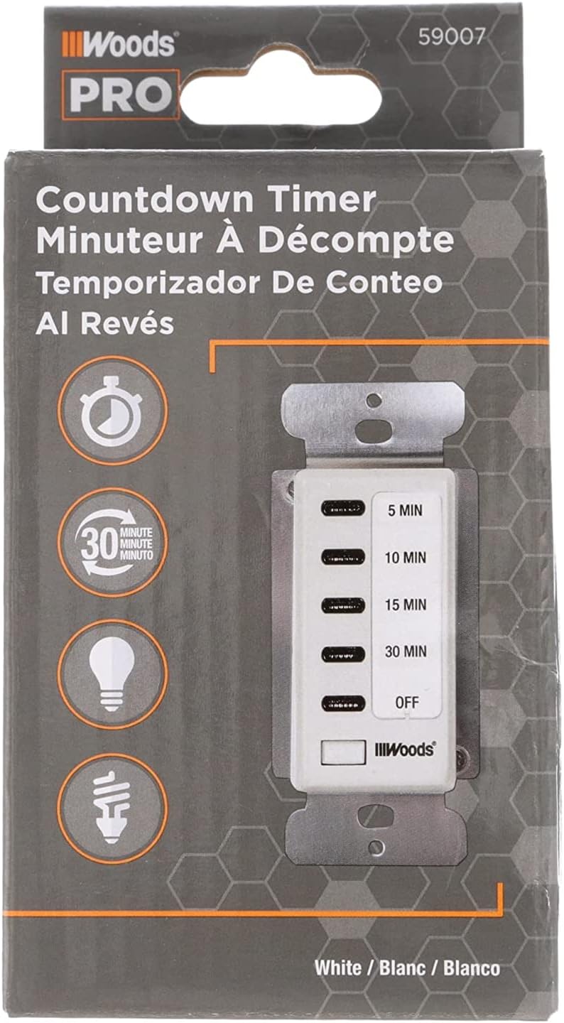 Southwire Woods In-Wall 30-Minute Decora Digital Countdown Timer - Automatic Wall Timer - Energy-Efficient Appliances Timekeeper - Easy-Install Digital Timer - Compact Design