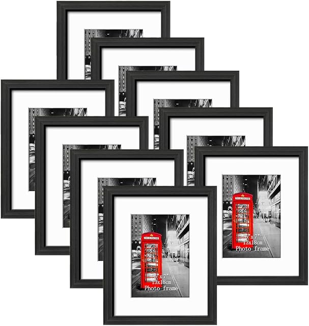 Amazon Brand - Eono 7x5 Photo Frames Set of 9, Made to Display 7x5 Pictures with Mount or 10x8 Without Mount, Wall and Tabletop, Black