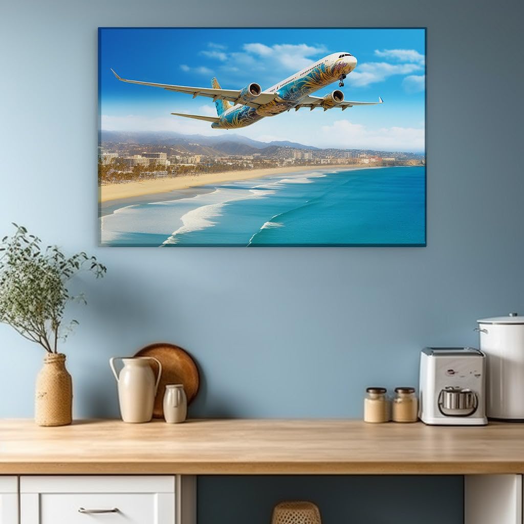 Canvas for Living room. Soaring Dreams and Seaside Schemes: A Marine-Themed Jet Over Coastal Serenity, 27 x 18 inch Canvas Wall Art - Inspirational Office Decor - 69x46 cm (27x18 inch)