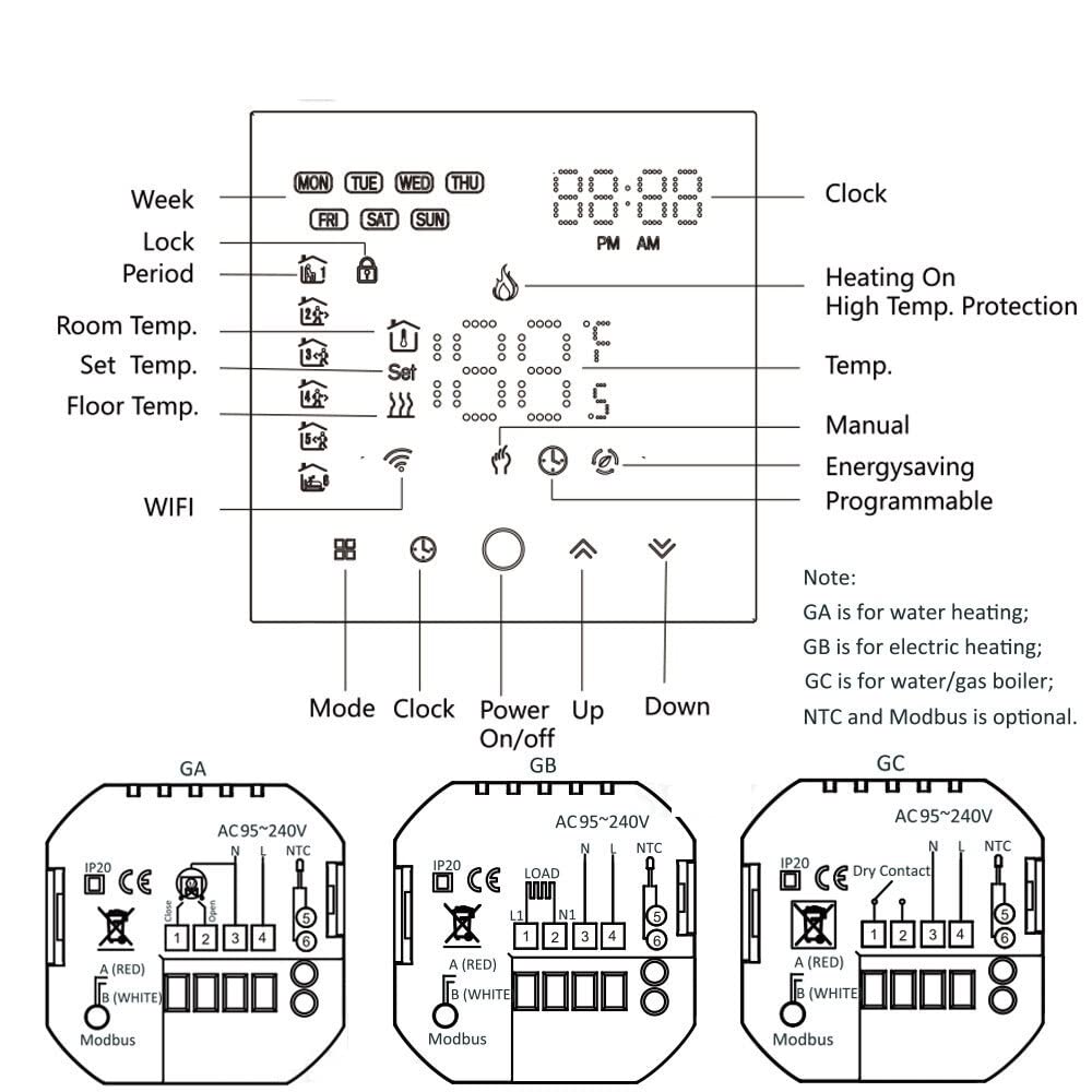 Termometro da interno igrometro digitale App Termostato intelligente WiFi, riscaldamento del pavimento elettrico/temperatura di temperatura di temperatura della caldaia for acqua/gas Con display LCD
