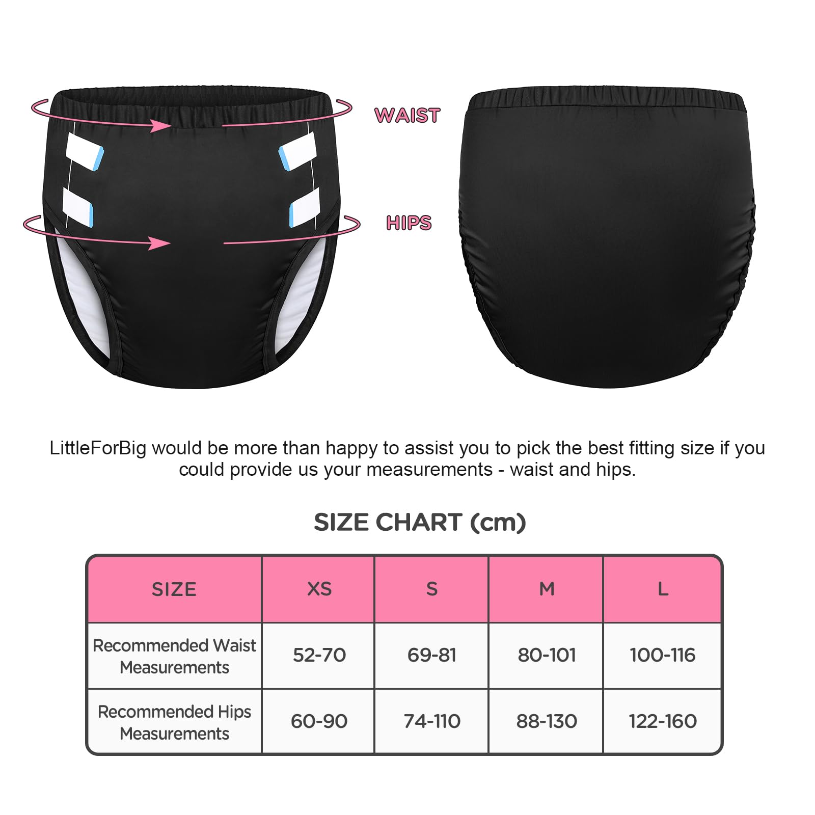 LittleForBig Miękka, jedwabista bielizna, wygodne, nadające się do prania, wielokrotnego użytku, spodnie treningowe Primary Comfort Cloth dla dorosłych Czarne XS