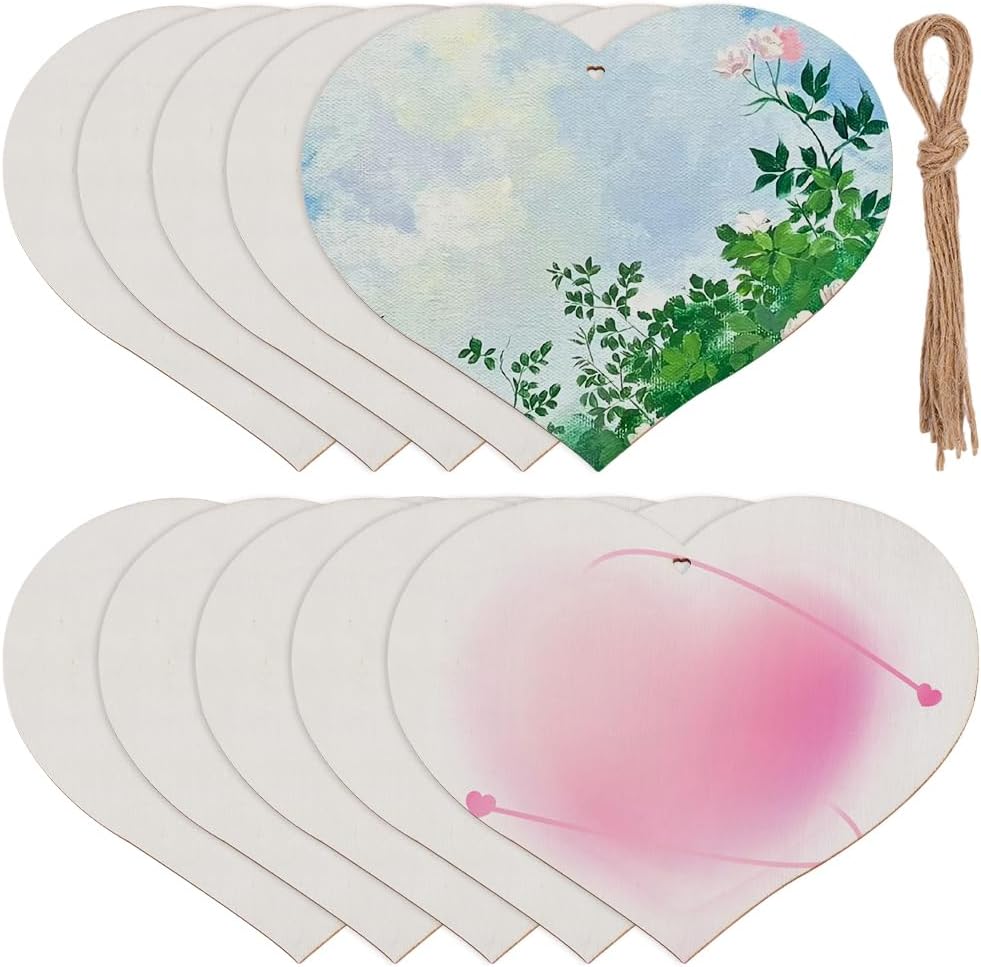 10Pcs 7 x 6In Wooden Heart Blanks Unfinished Wood Ornaments Large Size Heart Shaped Wood Blank Slices with Jute Rope for DIY Crafts Wedding Centerpiece Hanging Home Decoration Valentine's Day