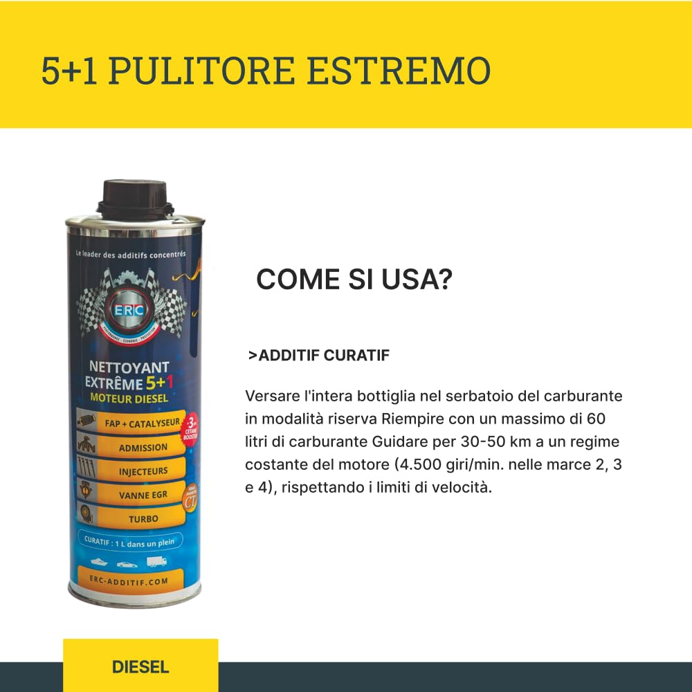 ERC Detergente Estremo 5+1 Veicolo Diesel Scintillante Completamente Vostra Motore/Ideale Anteriore Controllo Tecnica - Additivo Premium (1l)