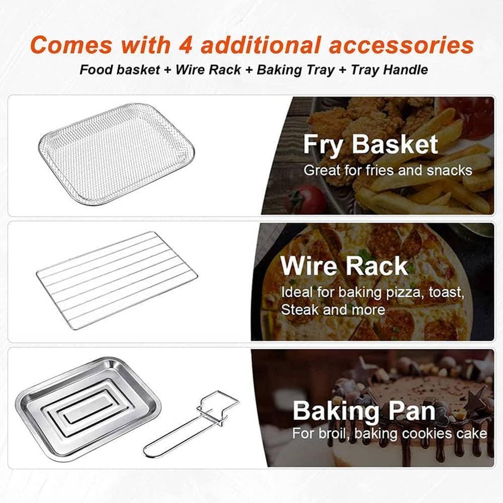 Included accessories for the TEMKIN Air Fryer: a fry basket, a wire rack, and a baking pan with handle.